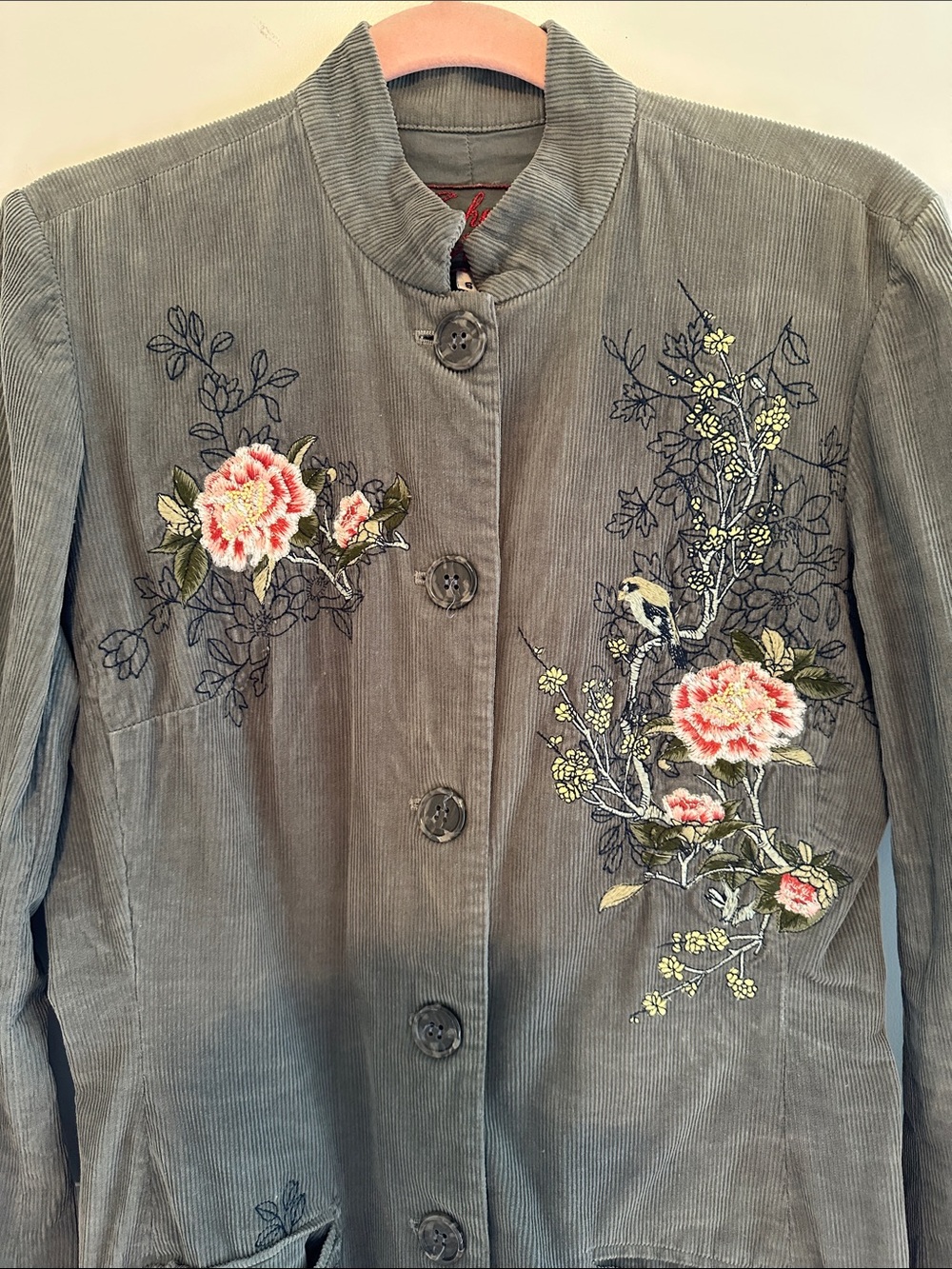 Johnny Was Gray Corduroy Jacket duster with Pink Floral Embroidery size small
